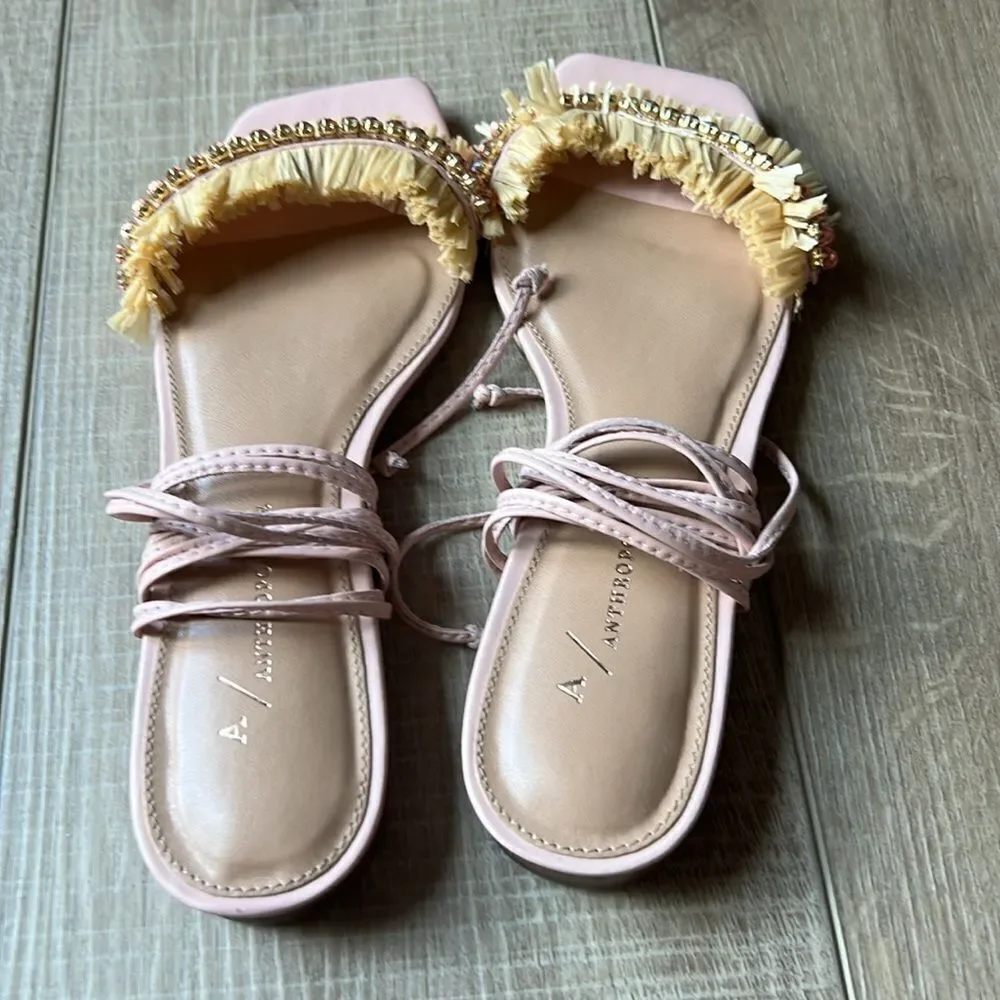 NWOT Anthropologie Embellished Tie Up Pink/Rose Raffia Square Toe Sandals